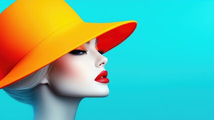 Woman, orange hat, profile, cyan background, fashion
