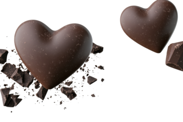 Flying chocolate hearts with broken pieces around, cut out