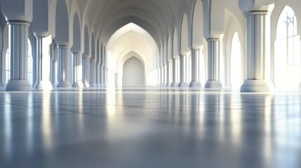 Ethereal Indoor Space with Arched Columns and Soft Lighting