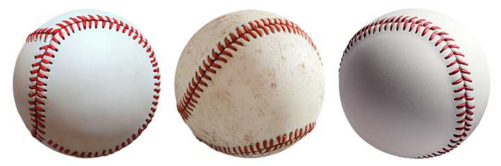 Set of baseballs isolated on a transparent background. Collection of baseballs in various conditions and textures, featuring detailed red stitching, suitable for sports and design projects.
