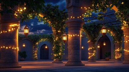 Fototapeta premium Crescent-shaped vines glowing with Ramadan-inspired lights wrapping around stone columns in an open courtyard where lanterns softly flicker in the nighta??s breeze 32k