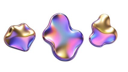 Metallic - colored Organic Forms  a set of organic - looking forms in metallic colors. The forms vary in size and shape, with some resembling drops and others more irregular. 