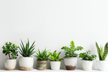 Obraz premium Indoor plants arranged neatly on a shelf against a bright white wall. Copy space