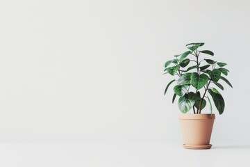 Fototapeta premium Indoor potted plant with vibrant green leaves against a minimalist background. Copy space