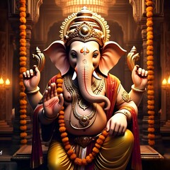 Ganpati Bappa Photo HD 4K | Lord Ganesha Seated in a Divine Temple with Traditional Decor | Spiritual Hindu God Wallpaper