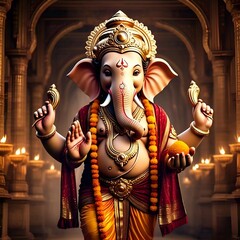 Ganpati Bappa Photo HD 4K | Lord Ganesha Seated in a Divine Temple with Traditional Decor | Spiritual Hindu God Wallpaper