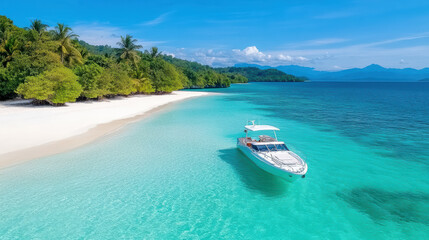 tropical island with boat on clear turquoise water, surrounded by lush greenery