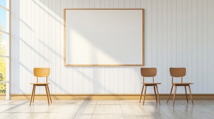 Bright and Modern Interior Space with Empty Frame and Three Chairs