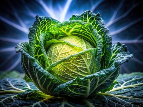 Long exposure reveals a white cabbage's textures in low light; blurred background, HDR processing creates an artistic, abstract food image.