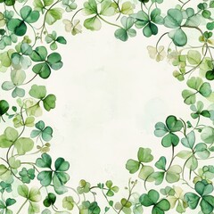 Green Clover Frame: A captivating watercolor painting of lush green clovers arranged in a circular frame, celebrating nature's elegance and the promise of good fortune.
