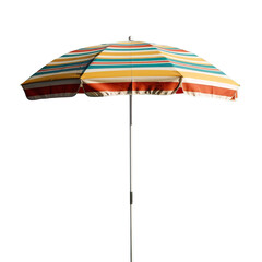 Obraz premium A colorful beach umbrella with stripes, featuring a sturdy pole and a wide canopy ideal for sun protection.