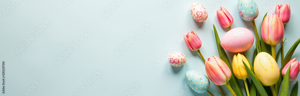Poster spring flowers and easter eggs arranged on a light background in a flat lay composition for a festiv