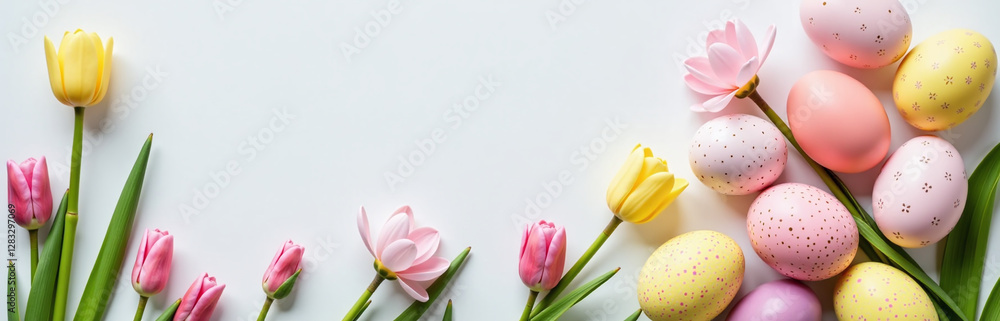 Poster spring flowers and easter eggs arranged on a light background in a flat lay composition for a festiv