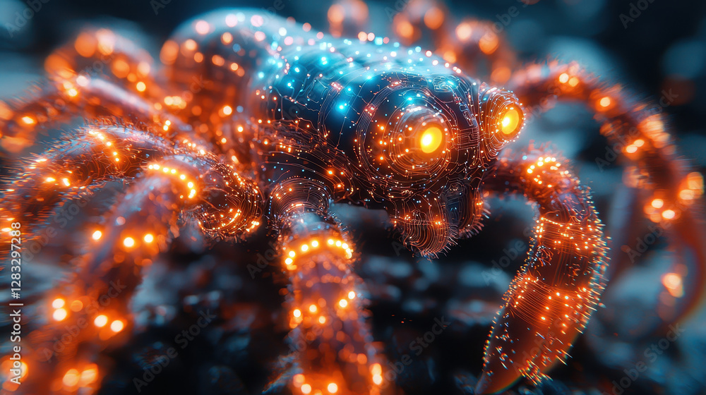 Poster biomechanical creature with glowing circuits explores a futuristic environment filled with intricate