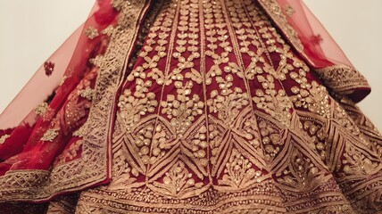 Close-Up Photo of a Bride's Red and Golden Lehnga, Featuring Intricate Golden Embroidery, Decorated with Sequins and Beads, Showcasing Traditional Bridal Fashion