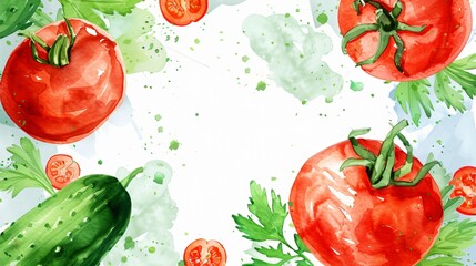 Watercolor Summer Vegetables: Tomatoes and Cucumbers Still Life