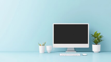 Home Office Setup with Computer, Plants, and Desk Essentials