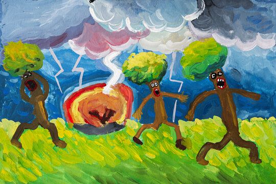 Surreal depiction of animated tree beings amid dramatic weather and fiery explosion