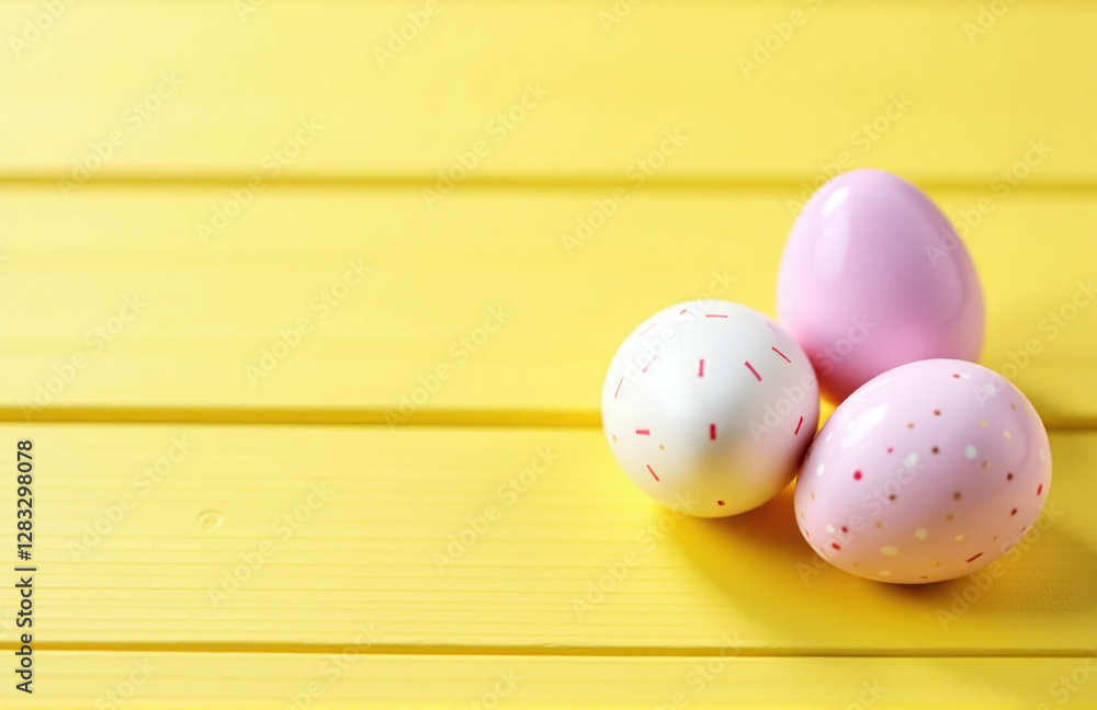 Poster soft focus photo of easter banner with delicate pastel egg design on a bright yellow wooden backgrou