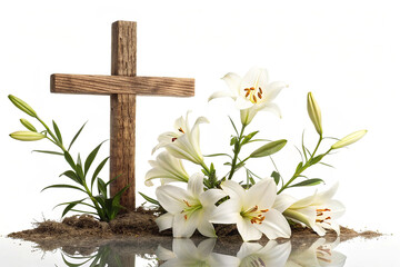 A cross wooden decorated with pastel flowers for Easter isolated on white background