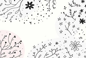 various black and white flowers and branches scattered across a light pink background.