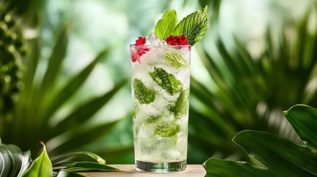 Refreshing Summer Elixir: A vibrant mojito, brimming with fresh mint, ice, and hints of fruit, sits elegantly amidst lush tropical foliage, capturing the essence of refreshment.