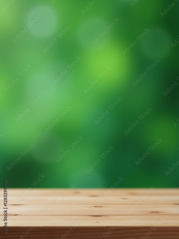Aufkleber Simple Scene Featuring A Green Background With Blurred Bokeh And A Minimalist Setup Of An Empty Wooden Table. 00001