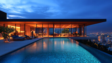 a pool with a view of the city