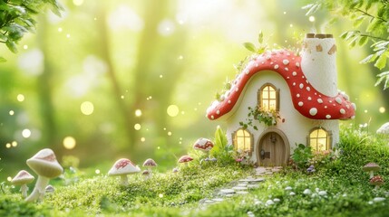 Enchanted Mushroom House: A whimsical mushroom-shaped house nestled in a magical forest setting, complete with charming details and soft, dreamy lighting, inviting viewers into a world of fantasy.