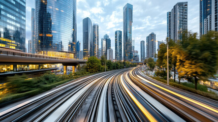 Fototapeta premium dynamic photograph of urban train tracks curving through cityscape