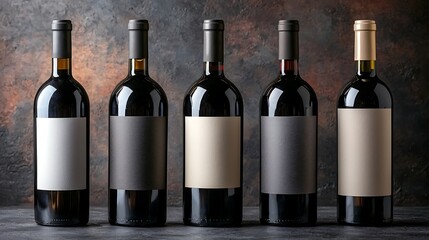 Fototapeta premium Five wine bottles stand in a neat row with labels