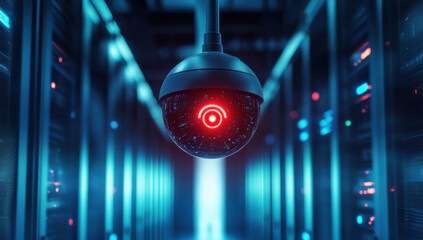 sleek surveillance dome camera floating in cyberpunk-inspired space, neon blue matrix background, holographic ui elements, dramatic lighting, high-tech aesthetic