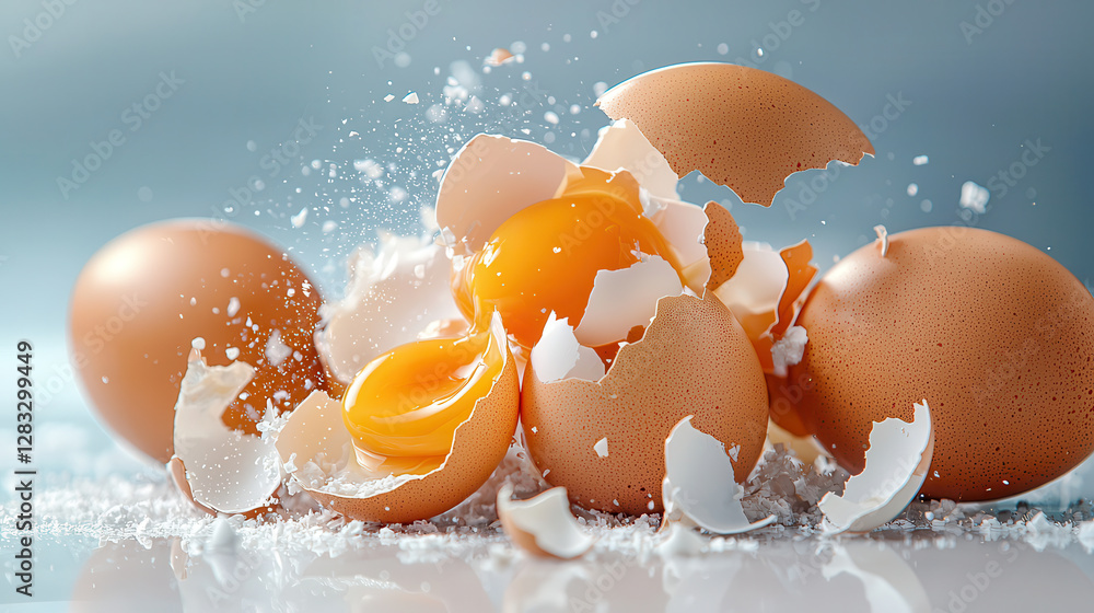 Poster dynamic still life of broken eggshells and yolks, artfully arranged with splash of flour, creating sense of motion and texture