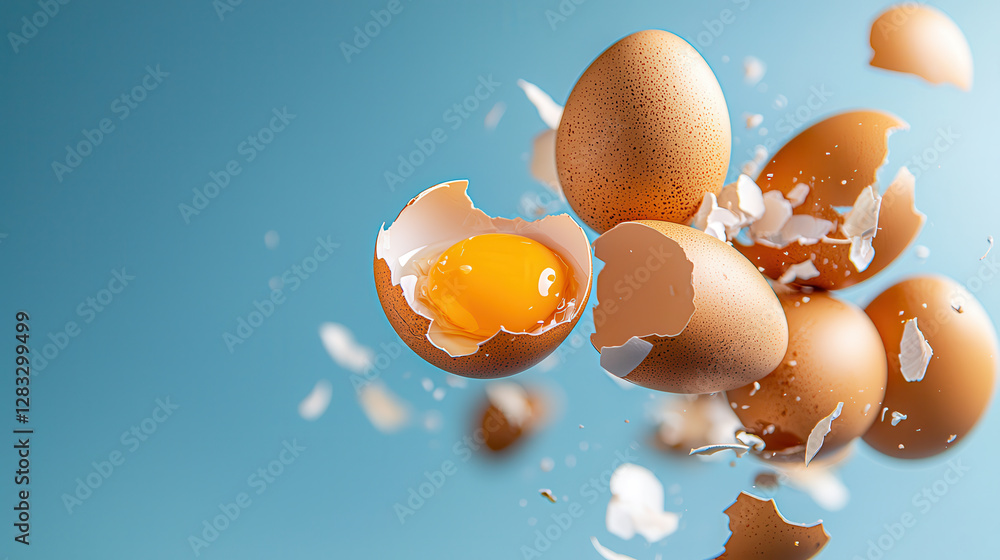 Poster dynamic still life of broken eggshells and yolk against blue background, capturing motion and fragil