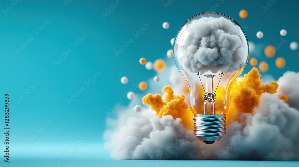 Poster light bulb ignites with colorful clouds and particles, symbolizing creativity and inspiration. vibra