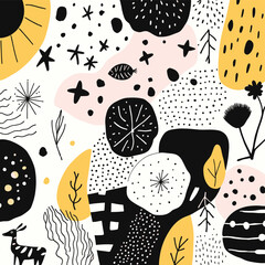 a variety of shapes, including circles, lines, and dots, in a mix of black, white, and yellow colors.