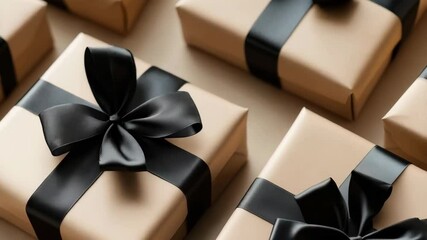 Elegant gift wrapping ideas for special occasions featuring black ribbons and neutral tones