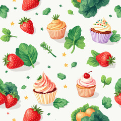 cupcakes with strawberries, leaves, and other fruits and vegetables, all set against a white background.