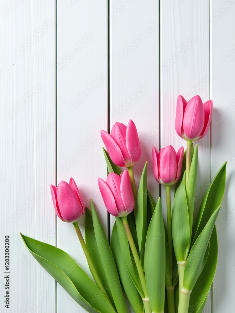 Poster pink tulips adorn a beautifully set easter table with a simple yet elegant white wooden background i