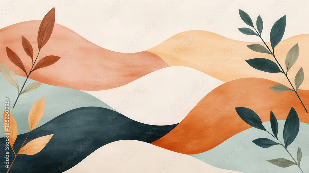 Poster Abstract design with flowing organic shapes and leaves in warm and cool tones