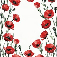 Fototapeta premium Crimson Poppies Frame: An artistic frame of vibrant red poppies, painted with delicate watercolor strokes, creating a beautiful natural border, ready for your text.