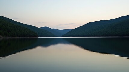 Serene landscape with a crystal-clear lake reflecting a mountain range at sunset, surrounded by a lush forest