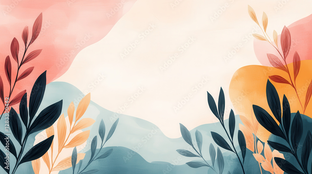 Poster contemporary artistic background with overlapping organic shapes and abstract leaves in soft pastel colors creates serene and modern design