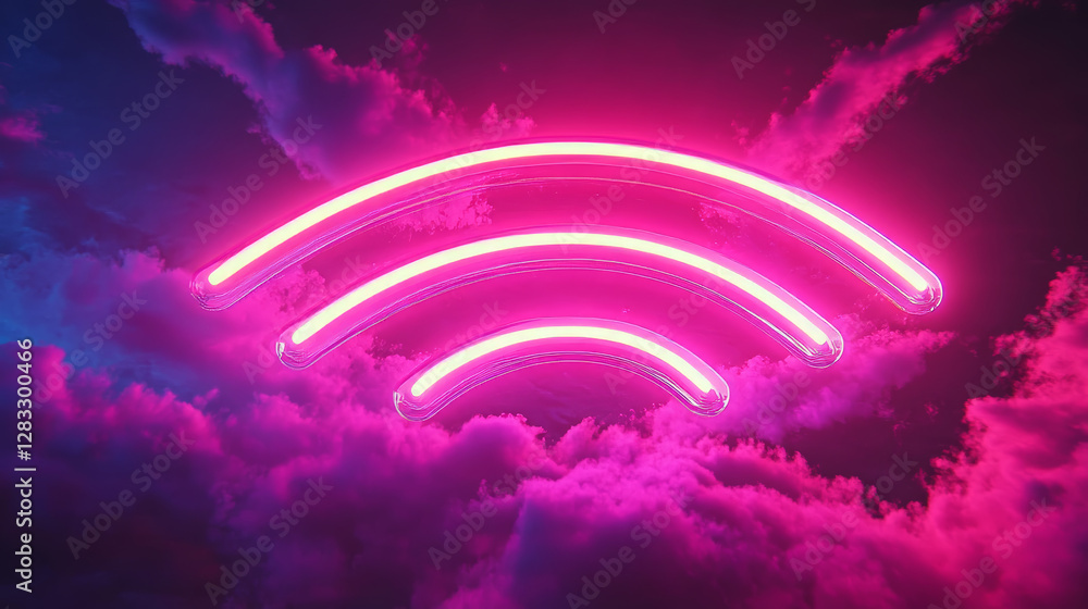 Poster 3d wifi neon light symbol technology vector effect. abstract wireless wave sign glow icon. sound sca