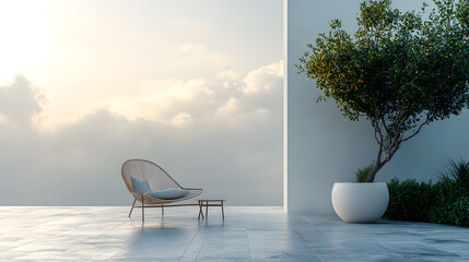 Fototapeta premium a chair sitting on a tiled floor next to a tree