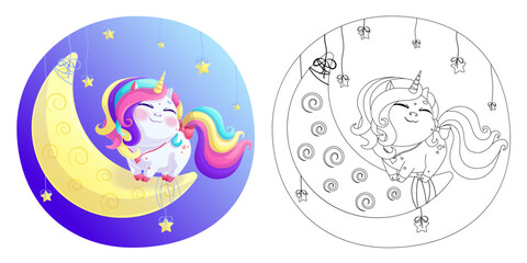 A cute unicorn stands on a crescent moon. A page of a children's coloring book. A black outline on a white background. Vector isolated illustration with a colorful template. For coloring, printing.
