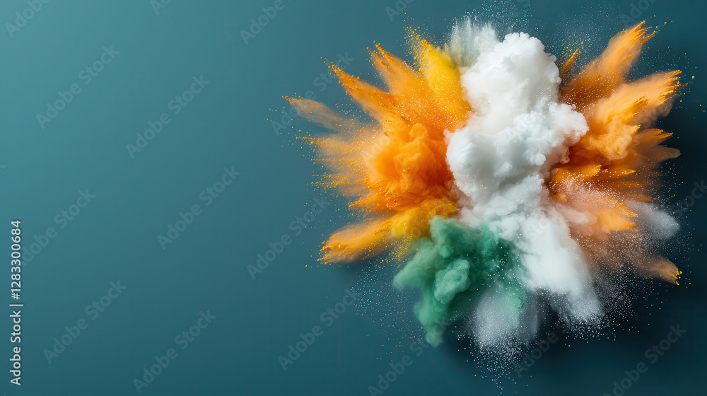 Poster vibrant explosion of colorful powder against teal background creates dynamic and energetic visual. b