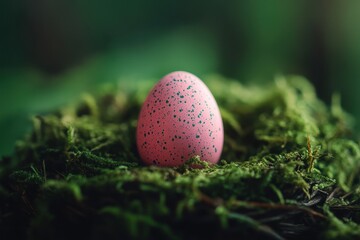 Obraz premium Springtime Easter celebration with a pink speckled egg nestled in a green mossy nest during a joyful holiday gathering