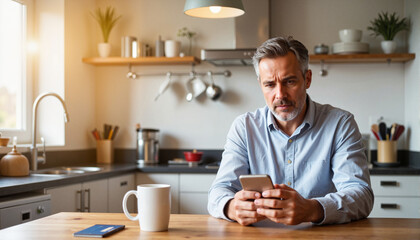Anxious middle-aged man staring at smartphone in modern kitchen, identity theft