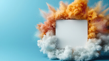 blank white frame is surrounded by explosion of vibrant orange and white powder against blue background, creating dynamic and colorful scene